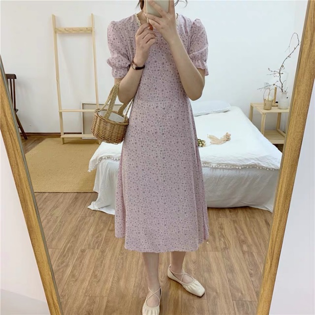 Váy hoa nhí vintage ngắn tay cổ vuông viền ren Ulzzang 🌸 Hàng Quảng Châu | BigBuy360 - bigbuy360.vn