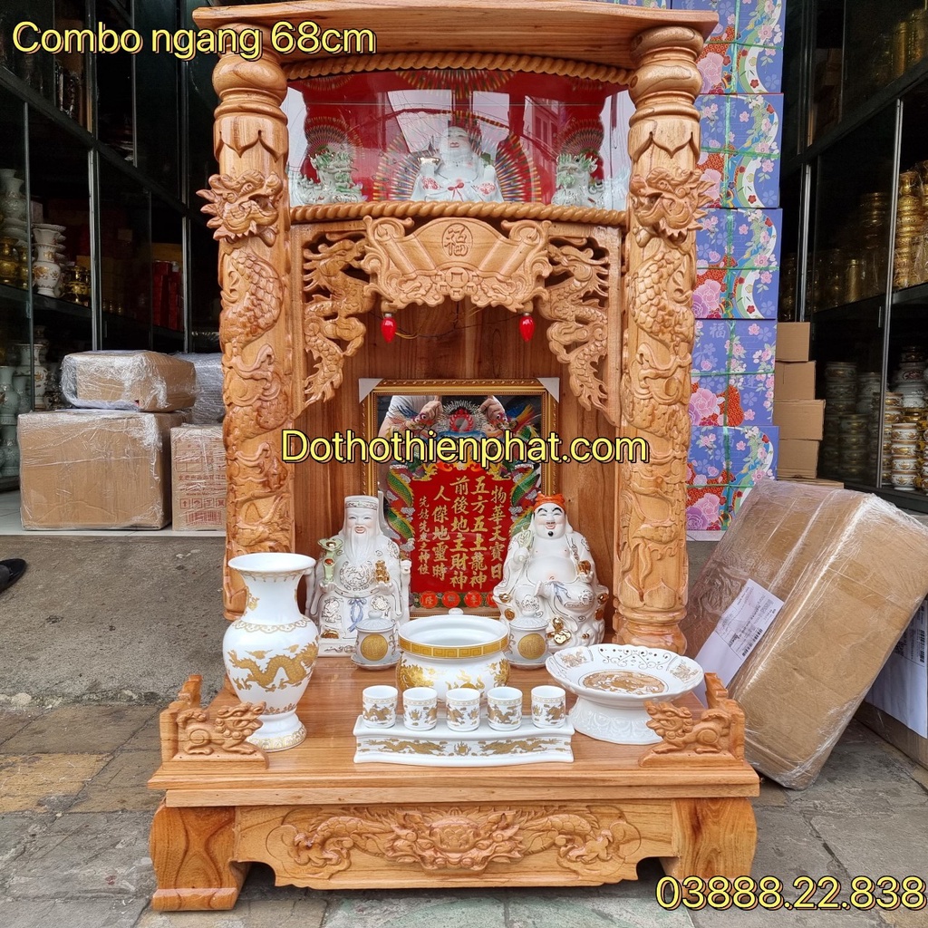 Combo bộ bàn thờ thần tài ông địa gỗ xoan ngang 68cm quỳ trụ mẫu mới