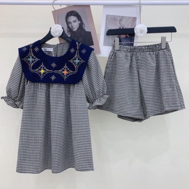 Set đồ bộ kẻ đen - Bộ đồ mặc nhà cổ phối màu xanh than siêu xinh- Set bộ dáng babydoll tiểu thư