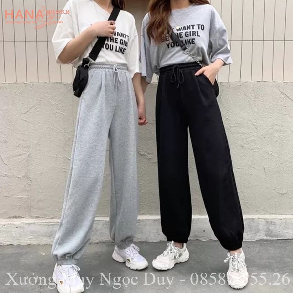 Quần jogger nữ ống rộng cạp chun có dây rút dáng quần nỉ ống rộng da cá boom thun chun bo gấu nữ ở nhà tập gym cá tính | BigBuy360 - bigbuy360.vn