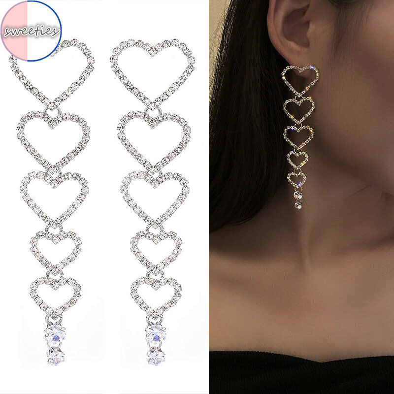 Hoa Tai Dáng Dài Mặt Hình Trái Tim Đính Đá Lấp Lánh