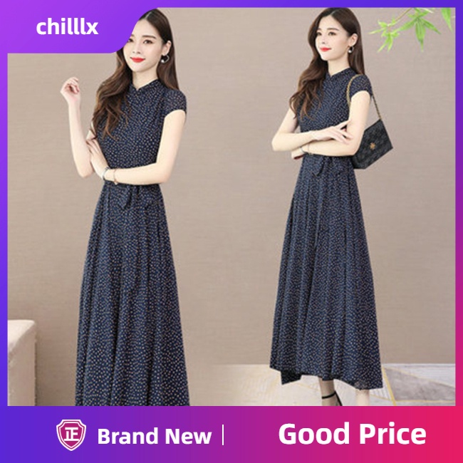 Đầm Voan Tay Ngắn Họa Tiết Chấm Bi Thời Trang Đi Biển Cho Nữ