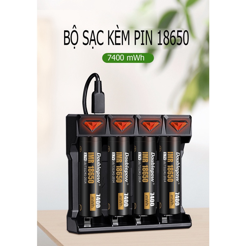 [Sạc UK41 và pin 18650 - 7400mWh] Bộ sạc thông minh kèm pin 18650 chính hãng Doublepow