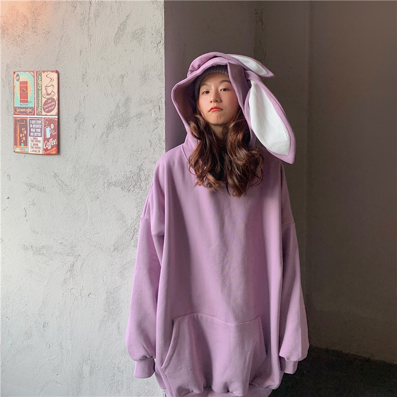 Áo hoodie IELGY dáng rộng phối tai thỏ màu trơn dễ phối đồ thời trang cho nữ
