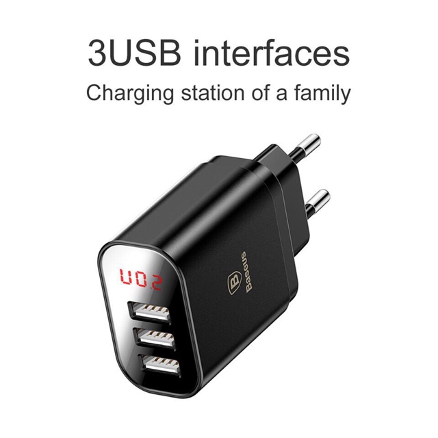 Củ Sạc Nhanh 3 Cổng USB Baseus Miror Travel Charger (CCALL-BH01) dòng 3.4A Fast Charging, có đèn led báo trạng thái