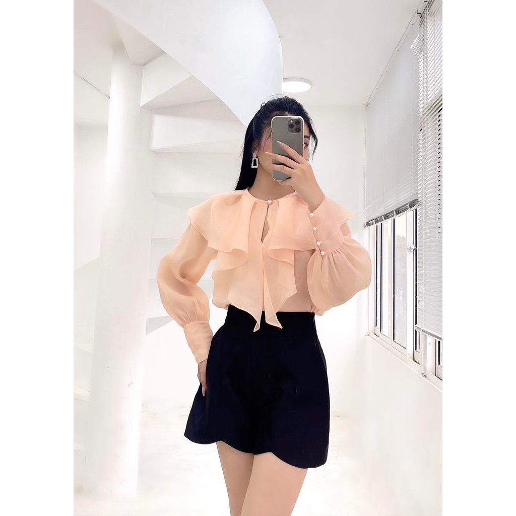 Áo kiểu cổ tròn CHARMO vải voan ánh lụa sang trọng freesize Jasmine Blouse