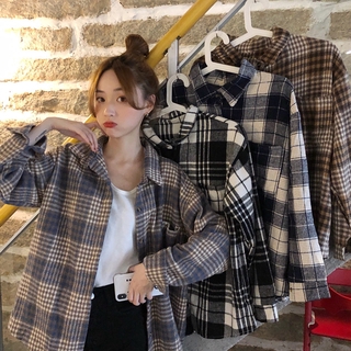 Áo Sơ Mi Khoác Ngoài Tay Dài Dáng Rộng Sọc Ca Rô Phong Cách Retro 2020 Trẻ Trung Cho Nữ