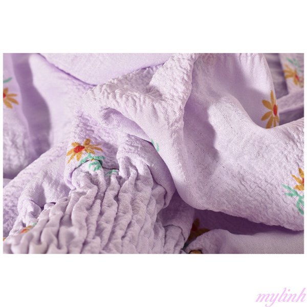 Áo sơ mi ngắn tay in hoa cúc nhỏ thắt nơ, áo sơ mi tay phồng