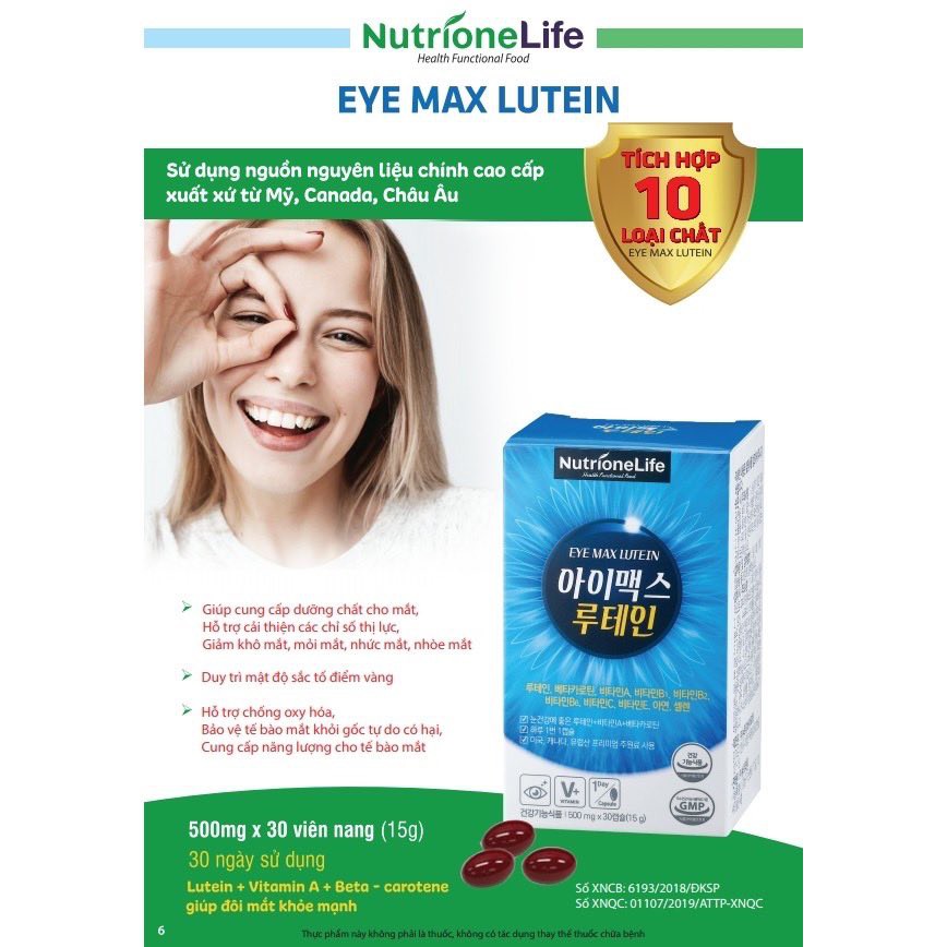 {Cam Kết Chính Hãng} Viên Uống Bổ Mắt NutrioneLife EyeMax Lutein Hàn Quốc Giúp Sáng Khỏe Mắt (hộp 30 viên nang mềm)