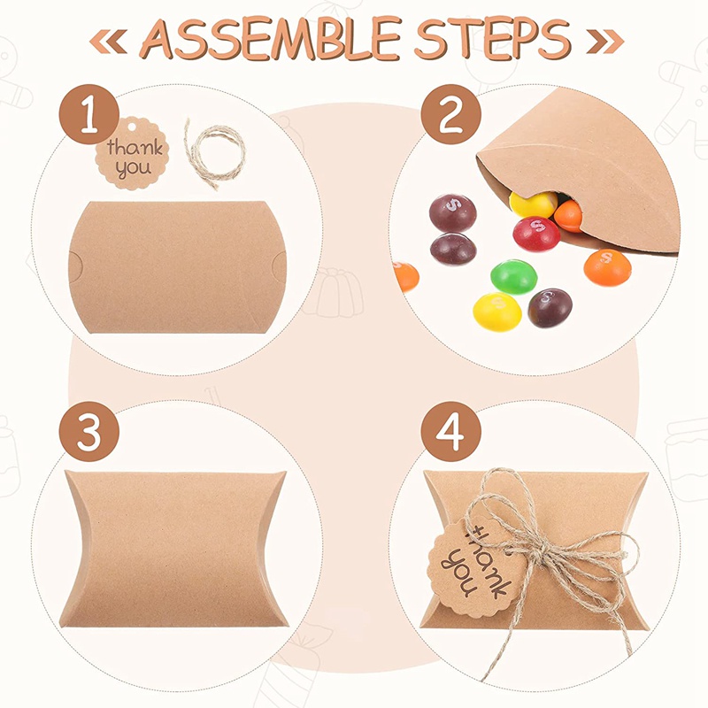 150 Pieces Kraft Paper Pillow Box Kit Candy Box Wedding Favor Box with Thank You Tag and Twines for Wedding Baby Shower