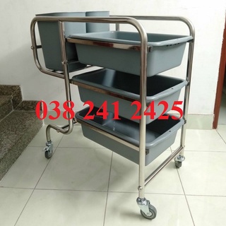 Xe đẩy thu dọn bàn ăn chén đĩa khung inox chân cong