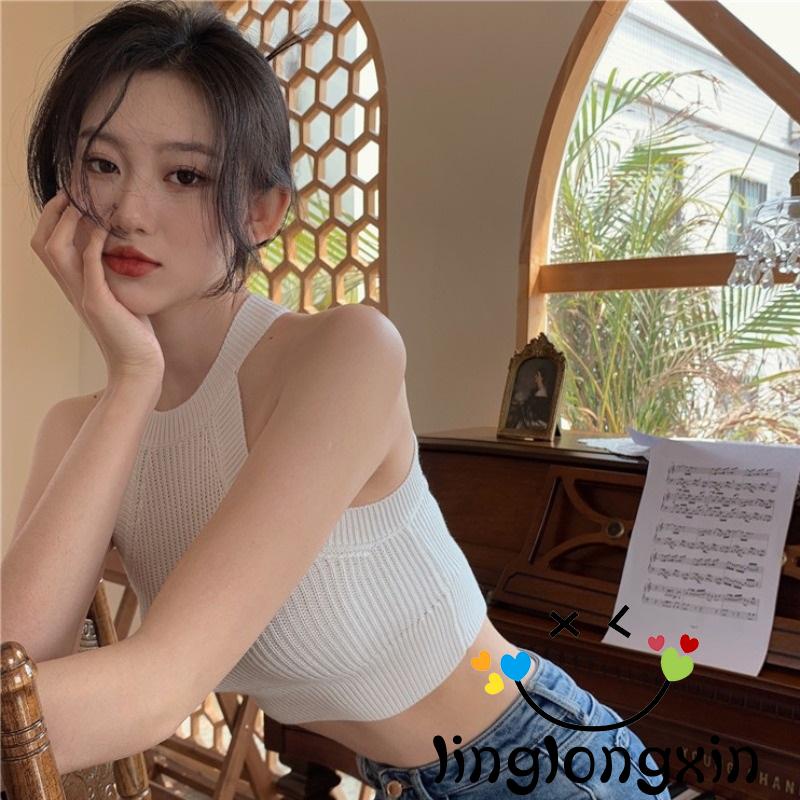 Áo croptop dệt kim không tay màu sắc đơn giản cho nữ<br />