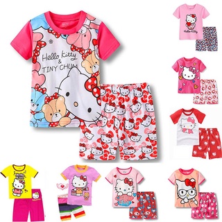 Bộ đồ ngủ áo thun tay ngắn in hình Hello Kitty và quần đùi cho bé gái 1- 7 tuổi