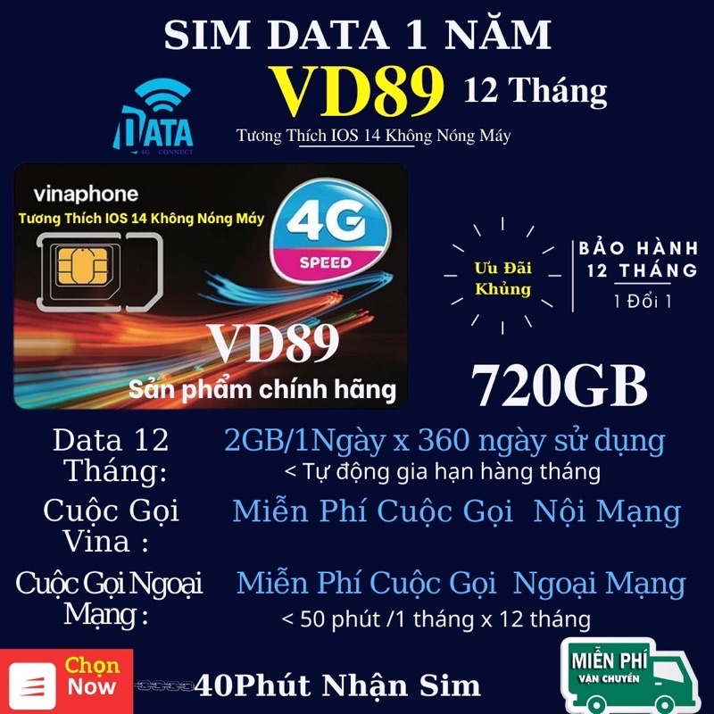 SIM4G VD89 D60G Vinaphone ( Miễn phí Gọi + Vào Mạng 1 Năm Tốc Độ Cao )Có Video kèm test Tốc Độ,Bảo Hành 12 Tháng