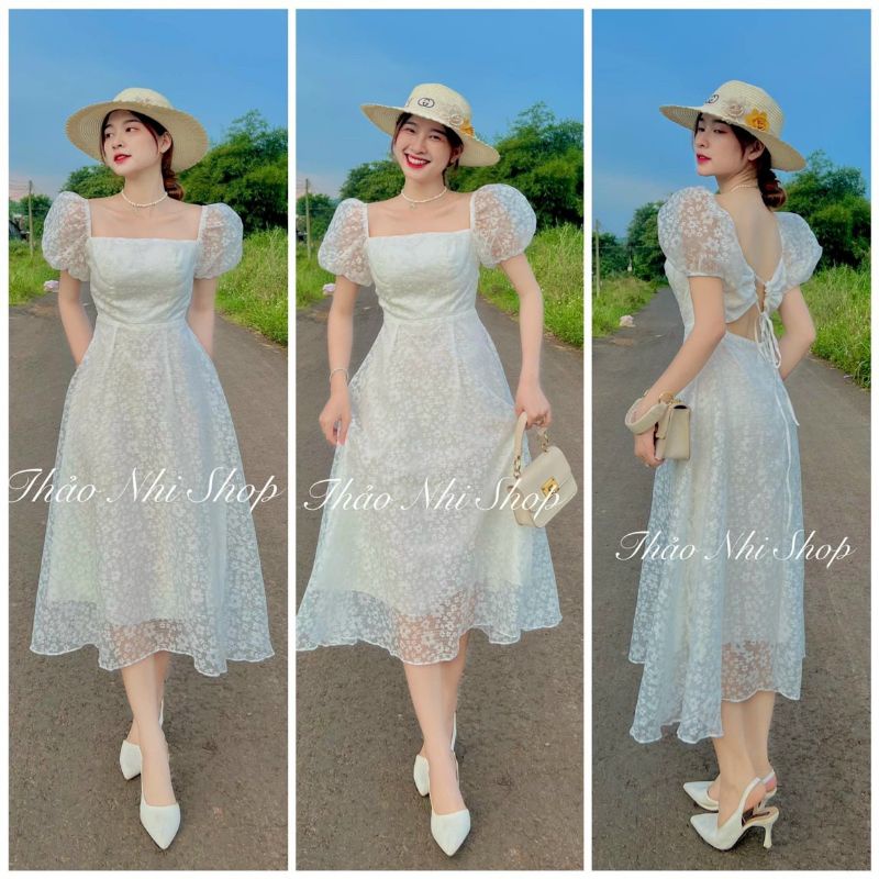 ĐẦM MIDI TRẮNG HOA NỔI CUTOUT KHOEN LƯNG