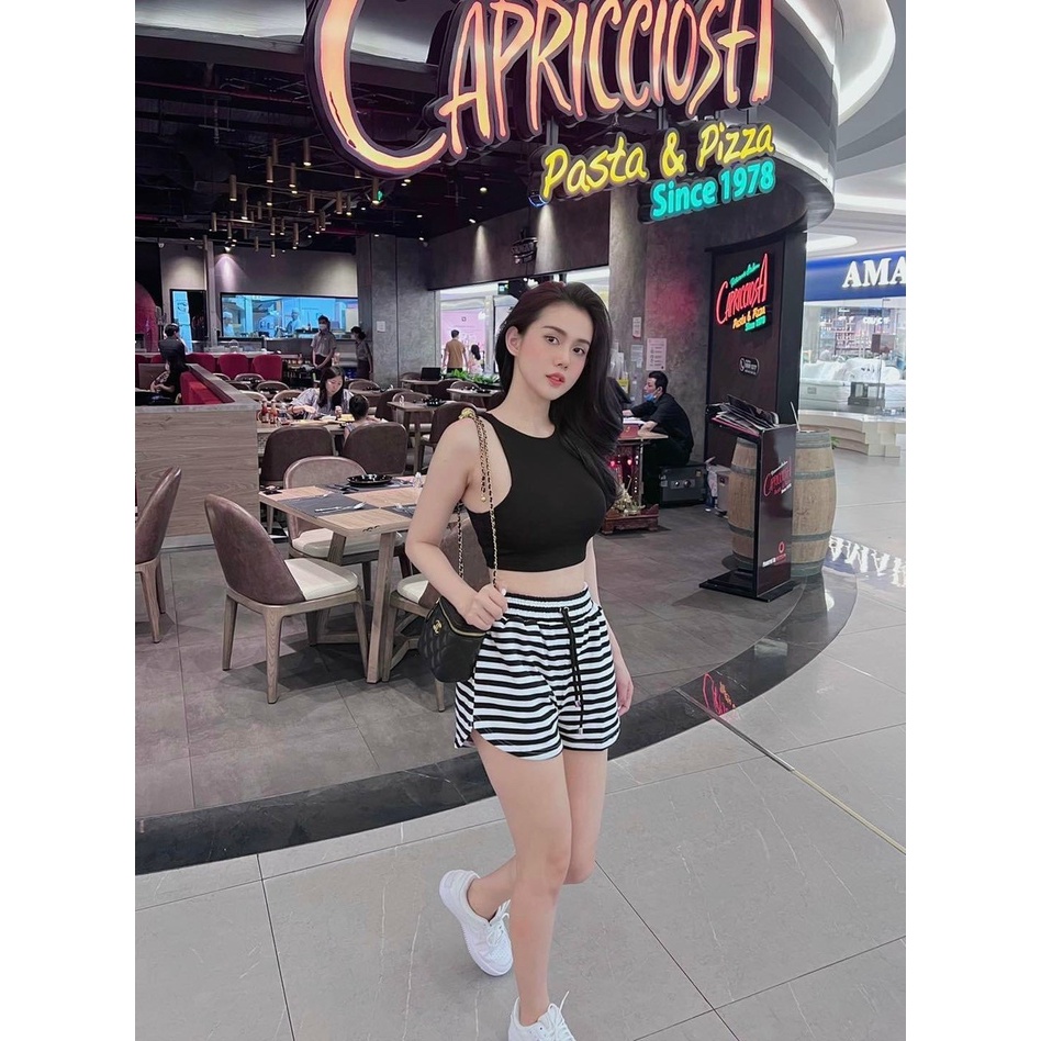 Set kiểu áo croptop ba lỗ quần đùi sọc ngang cá tính năng động tập gym đi chơi LY50