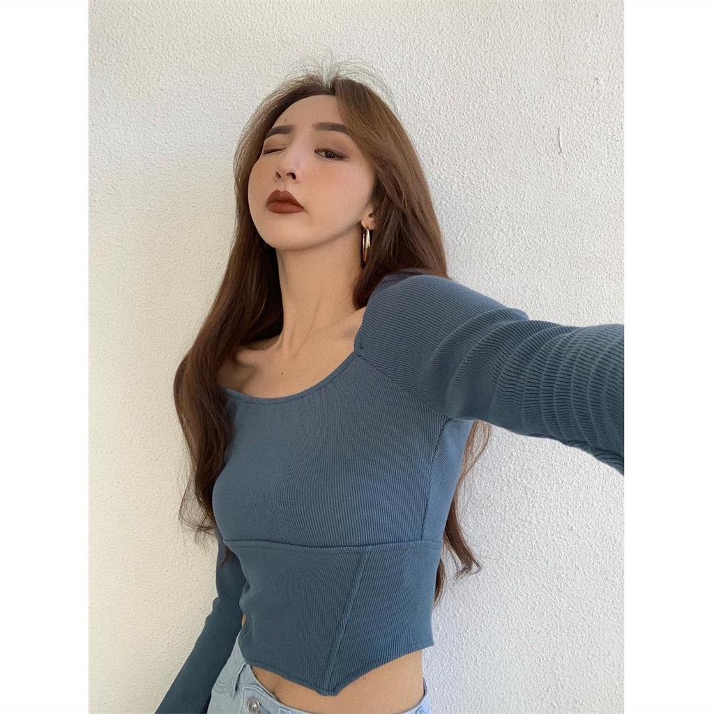 Áo Thun Tay Dài Cổ Vuông Dáng Ôm Thời Trang Mùa Thu Quyến Rũ Cho Nữ