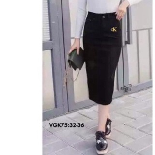 Chân Váy dài 62cm jean đen giãn tua lai Bigsize 32-36