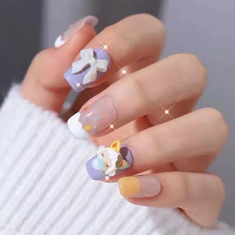 Móng tay giả tím nơ hình thú cưng heo dê dễ thương tặng kèm keo z152