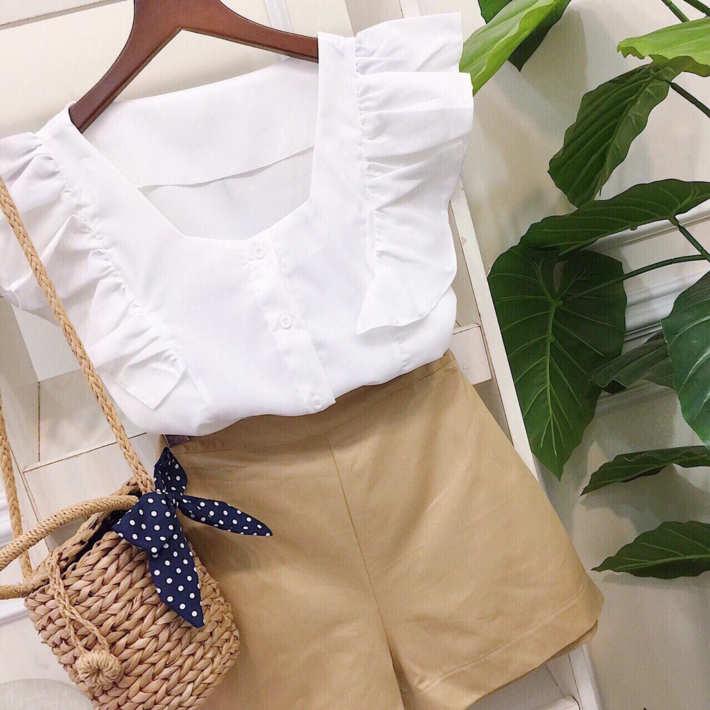 Sét bộ áo trắng tay bèo kèm quần short siêu xinh