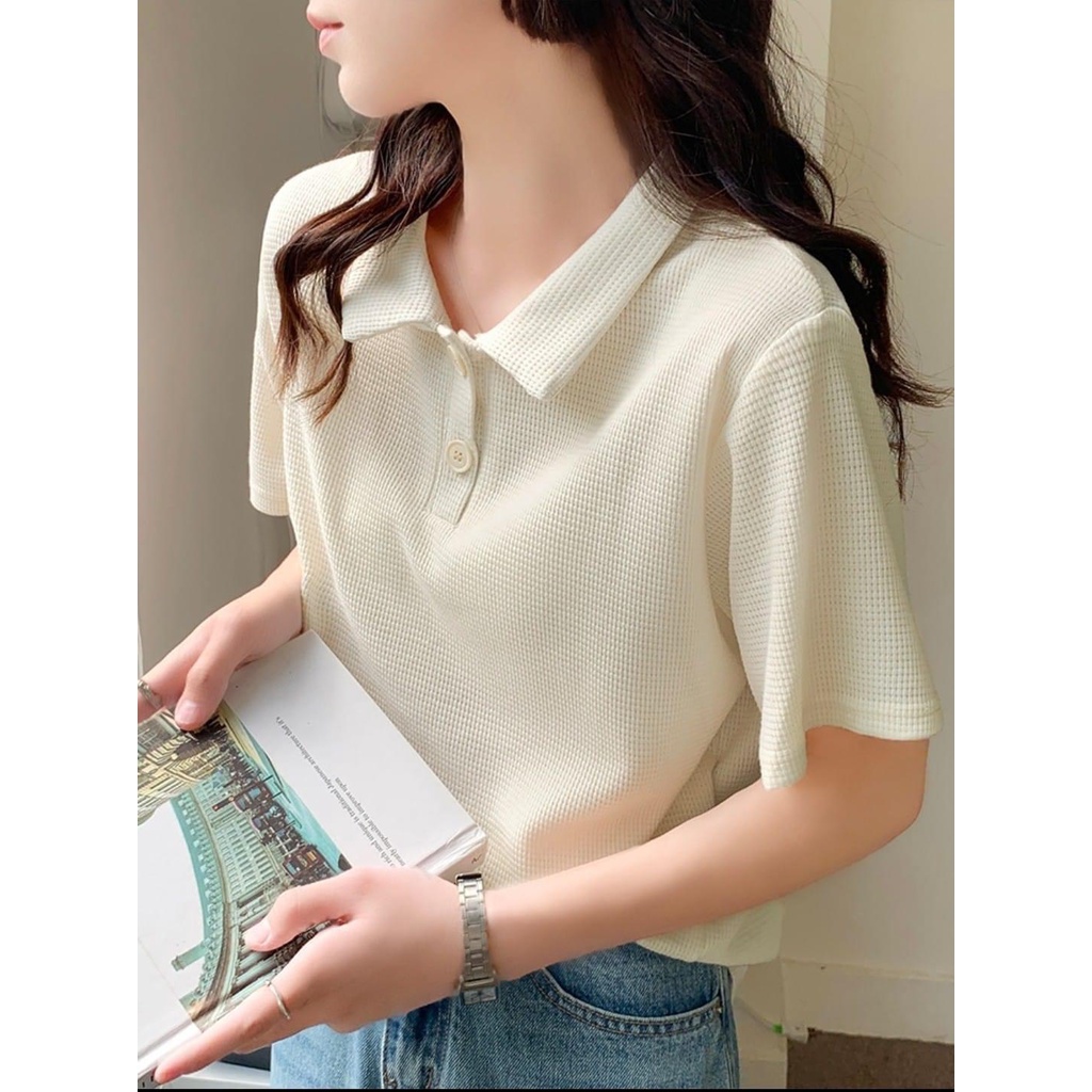 Áo polo nữ bigsize 90 kg _ Áo Polo form rộng chất liệu cotton tổ ong phong cách Hàn Quốc APL