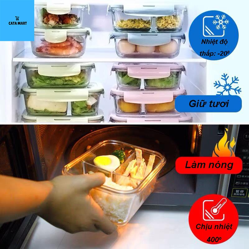 HỘP ĐỰNG CƠM THỦY TINH chia ngăn nhiều dung tích, bảo quản thực phẩm tươi, dùng được trong lò vi sóng - LB116211