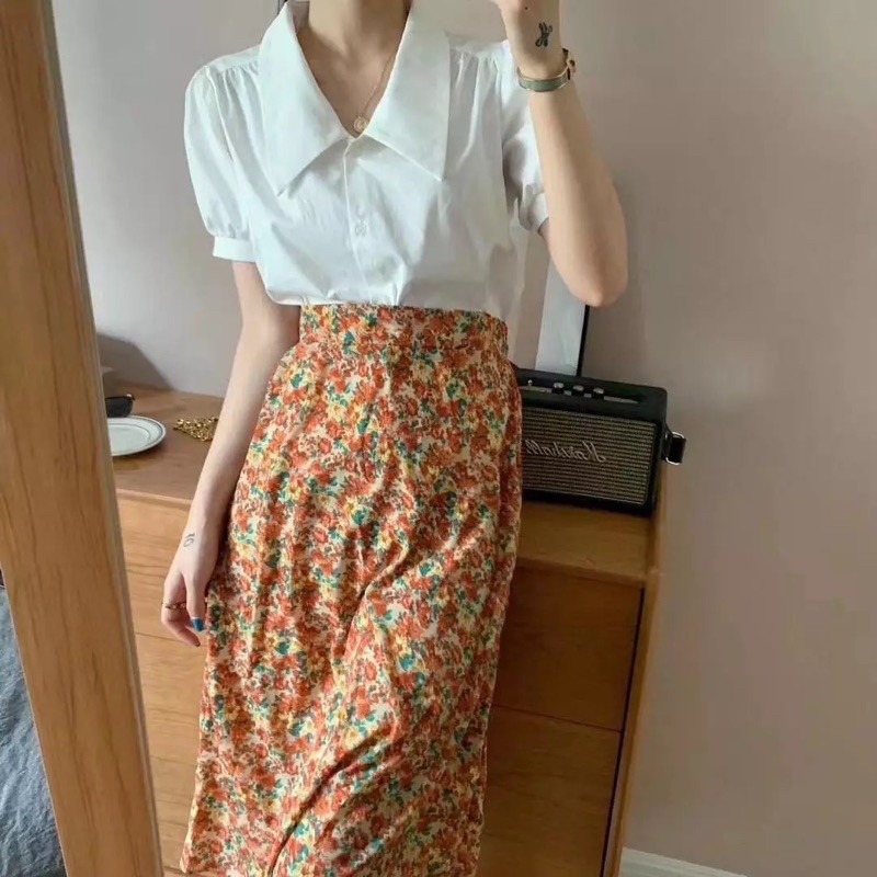 Chân Váy Hoa Nhí Vintage chiffon Vải Voan Không Nhăn Xinh Xắn Quảng Châu K5D4