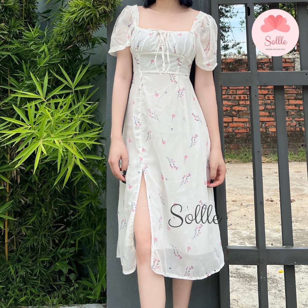 Váy hoa nhí dáng dài xẻ tà rút ngực Đầm trắng cổ vuông tay ngắn phồng du lịch hè Sollle