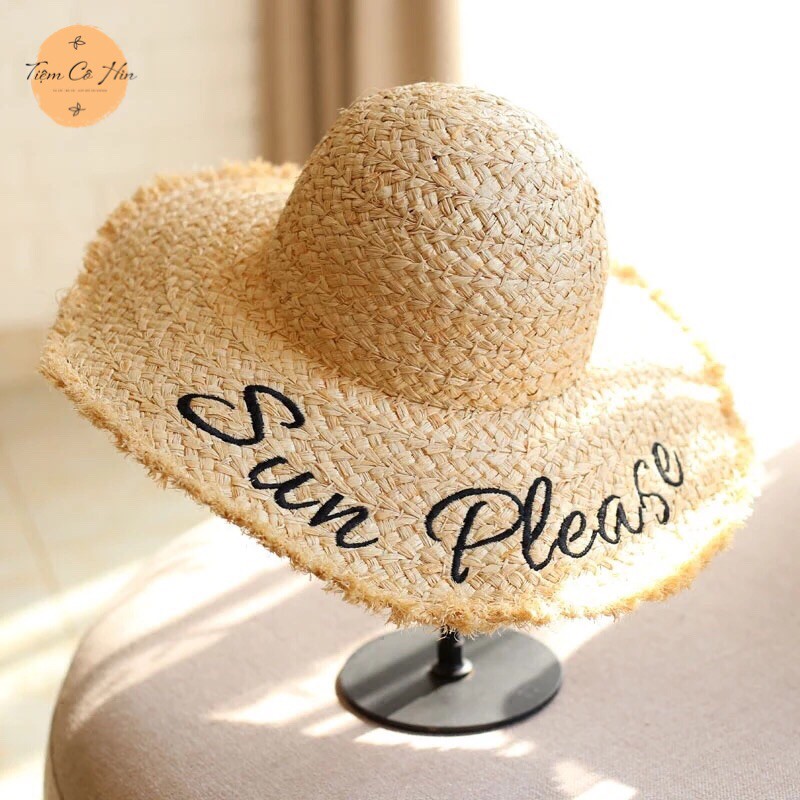 Mũ cói rộng vành thêu chữ Sun Please Tiệm Cô Hìn vành 12cm kiểu dáng trẻ trung thích hợp đi biển ship 1h lỗi 1 đổi 1