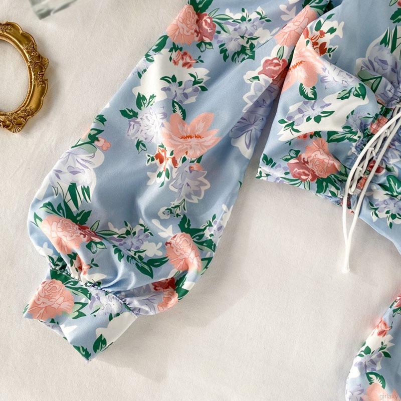 Áo Sơ Mi Lửng Tay Dài Rút Dây In Hoa Gợi Cảm Phong Cách Hàn Quốc Thời Trang Cho Phụ Nữ