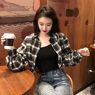 Áo Croptop dài tay caro rút eo, áo kiểu ulzzang hot