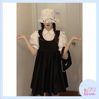 Set yếm váy xoè phối áo sơ mi trắng cộc tay bồng form rộng, Set yếm váy xoè phối áo sơ mi trắng ngắn tay bồng babydoll