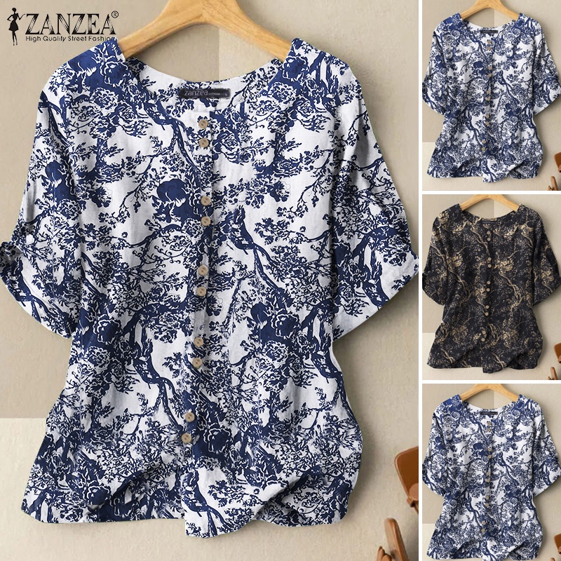 Áo sơ mi ZANZEA ngắn tay cổ tròn dáng rộng phong cách cổ điển cho nữ