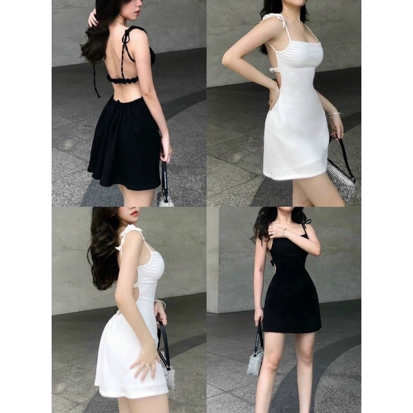 Có Mút Ngực Đầm Dây Thắt Vai Nữ Tung Xòe Dây Rút Hở Lưng