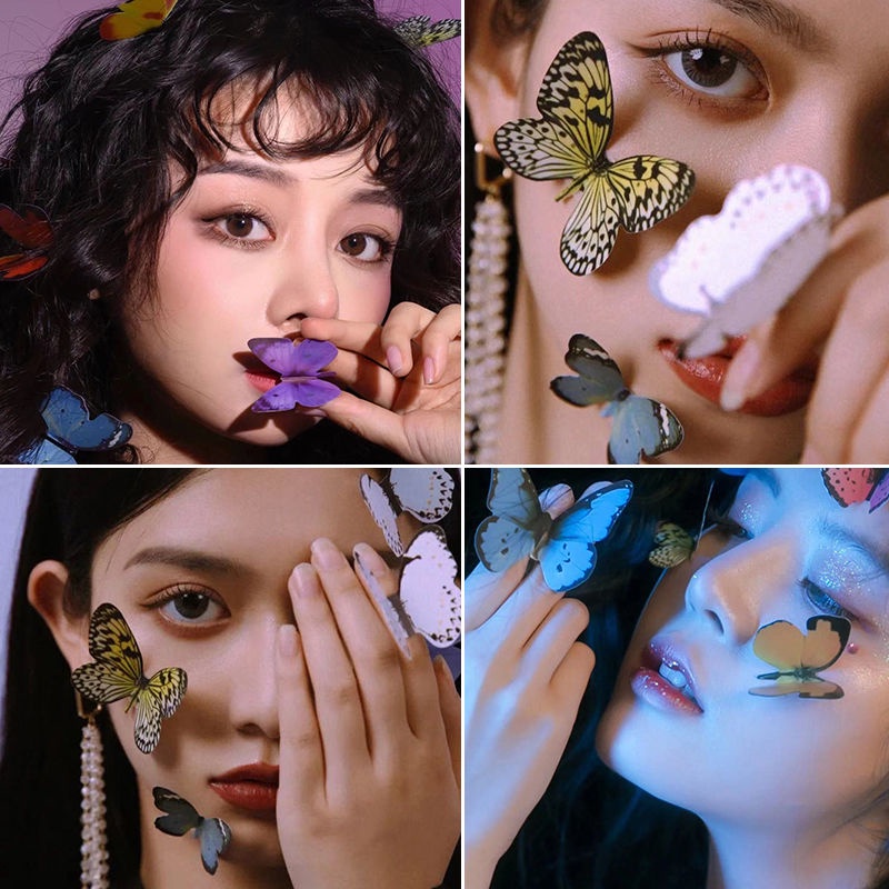 Miếng dán ba chiều hình bướm đôi giả dùng trang trí má và khuôn mặt làm đạo cụ chụp ảnh