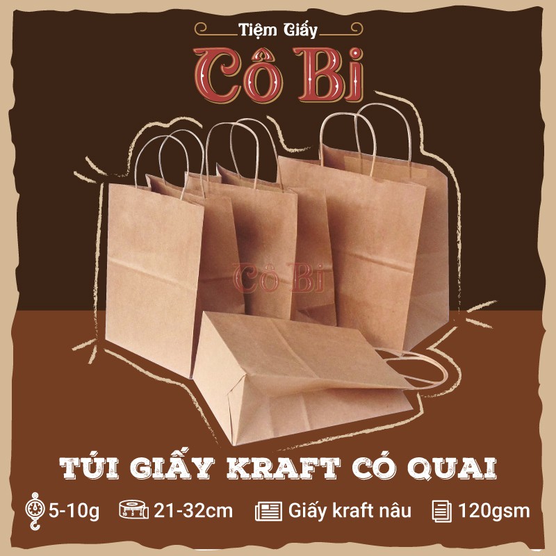 Túi giấy kraft nâu có quai 120gsm Cô Bi | Túi xi măng đựng hàng mang đi nhiều kích cỡ