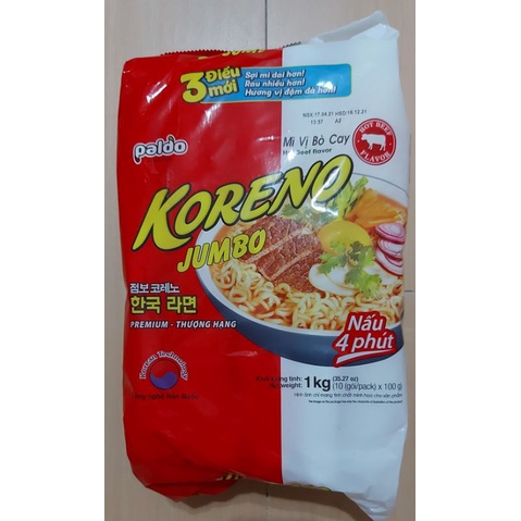 Mì Hàn Quốc Jumbo KORENO hương vị kim chi/bò (túi 10 gói×100g)