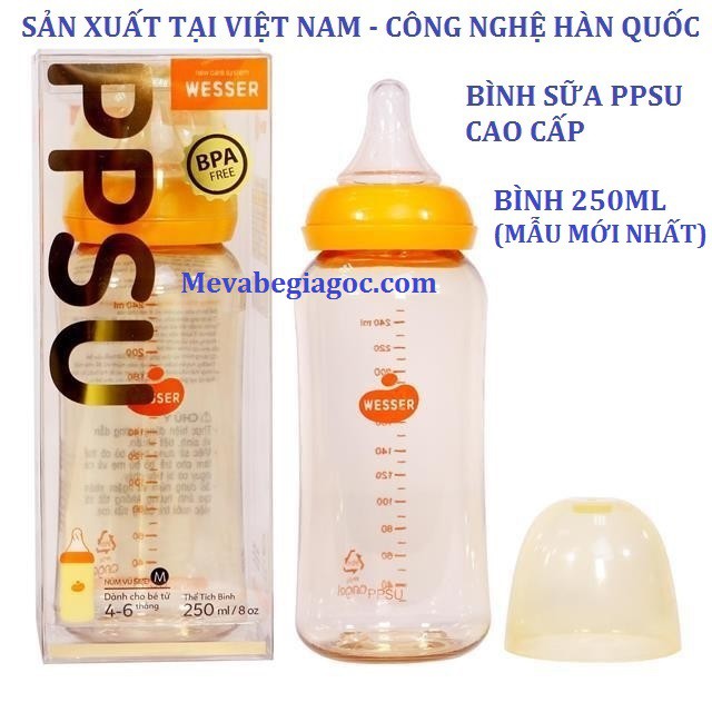 (MẪU MỚI) Bình Sữa Cổ Hẹp Cao Cấp PPSU 250ML - WESSER (Made in Vietnam) (Công nghệ Hàn Quốc)