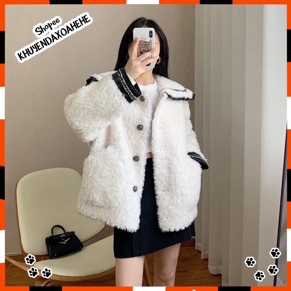 AK008 áo khoác lông cừu trắng cổ thủy thủ dáng babydoll tay bồng điệu, áo lông dáng rộng BBD tiểu thư bánh bèo cute xinh | BigBuy360 - bigbuy360.vn