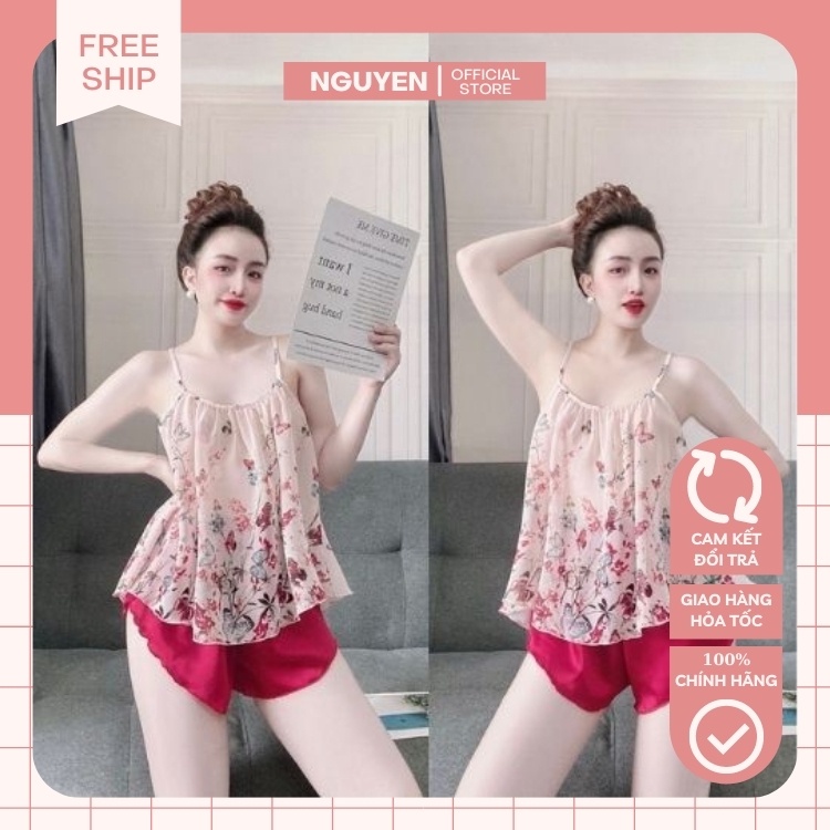 Đồ Mặc Nhà Nữ NGUYEN, Đồ Bộ Nữ Áo 2 Dây Quần Cọc Chất Liệu Voan Hoa Phối Lụa Cao Cấp Sexy, Gợi Cảm.