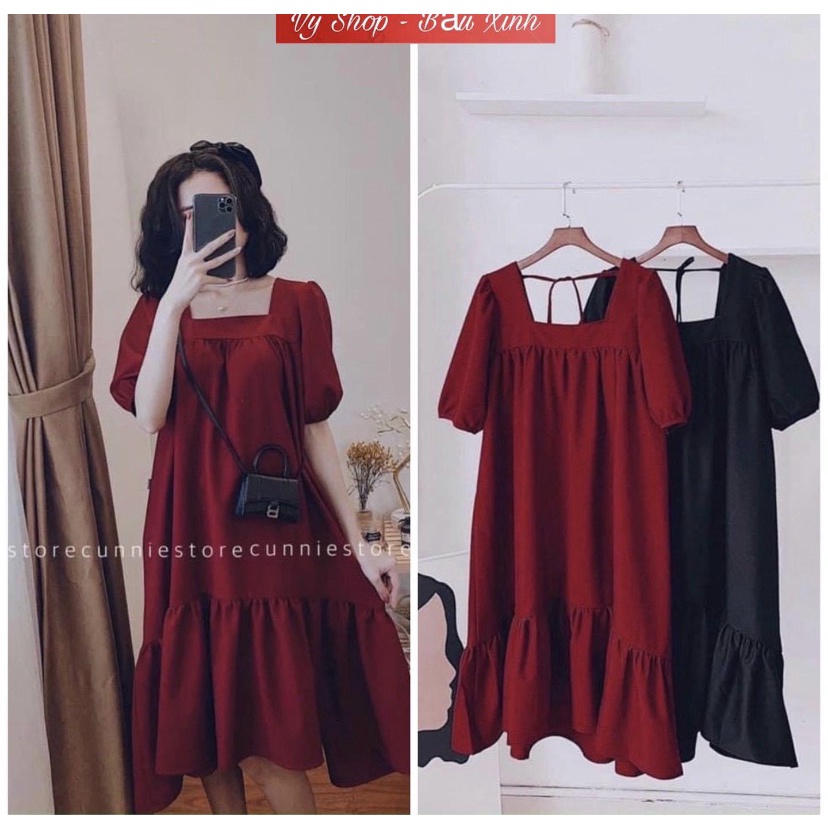 Đầm bầu dự tiệc váy bầu thiết kế cổ vuông màu đỏ & đen