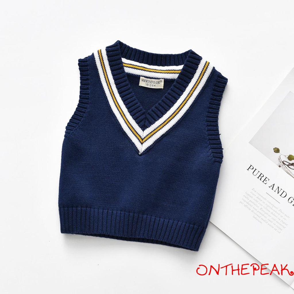 Áo len gile dệt kim mũi dày cổ V không tay có đường chỉ dưới eo cho trẻ em