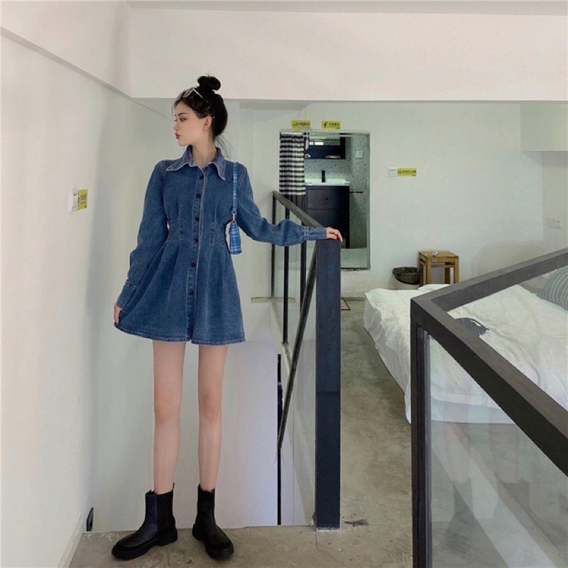 Set váy sơ mi jeans mix áo gile ulzzang fashionita 2021