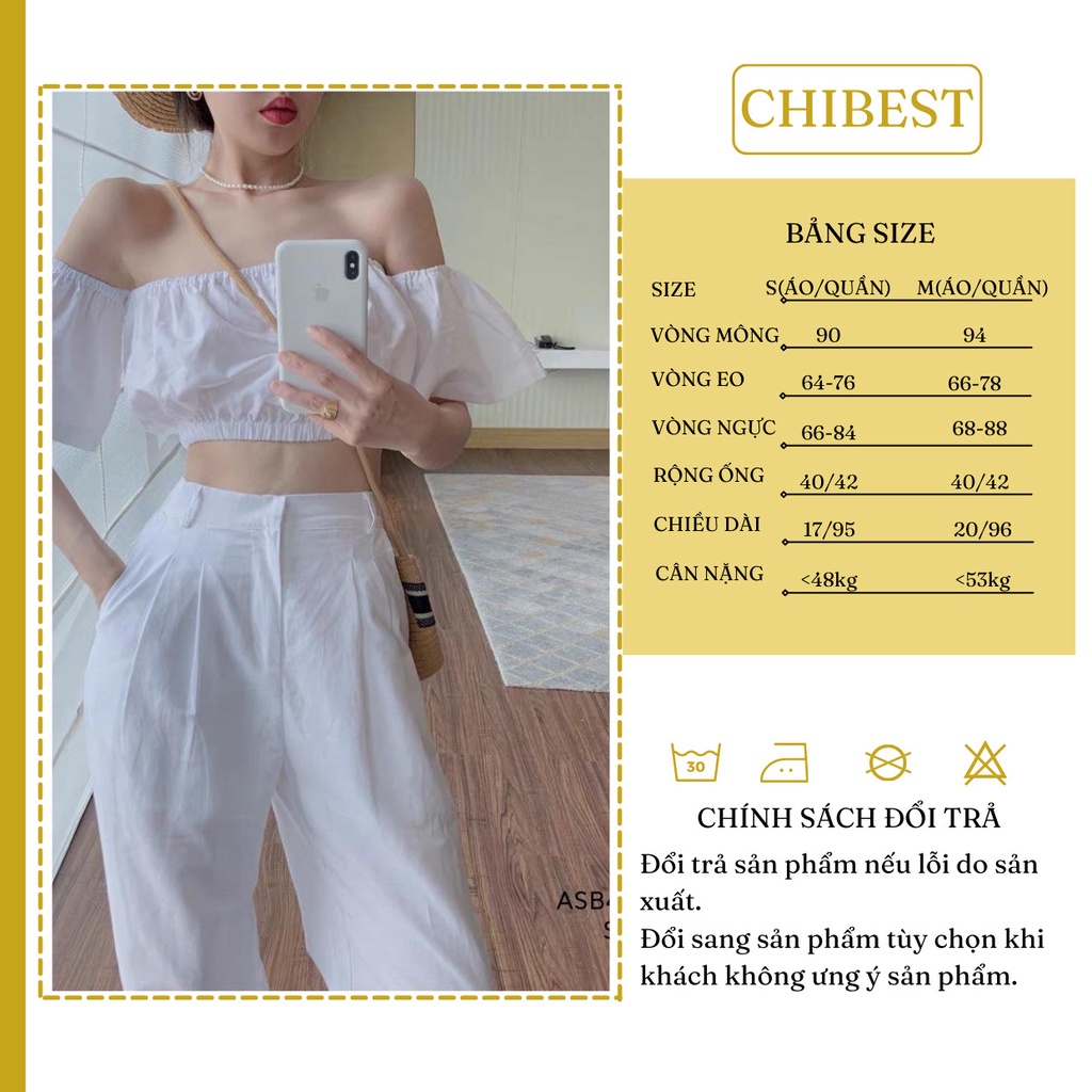 Set đồ nữ trắng áo croptop chun trễ vai phối quần dài xuông ống rộng xếp ly eo CHIBEST ASB43