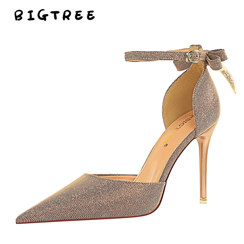 Giày cao gót BIGTREE 286-2 miệng nông mũi nhọn 10cm đính đá thời trang dành cho nữ