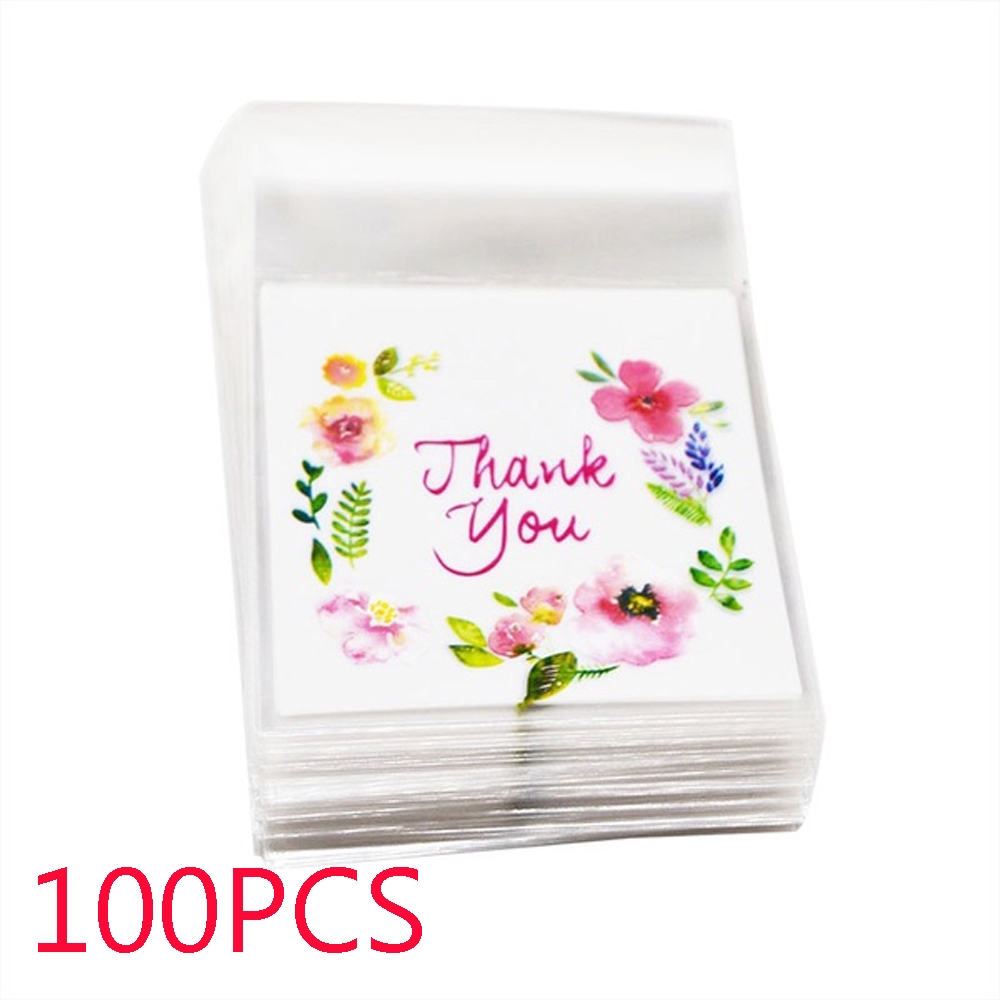 Set 100 túi đựng bánh in hình hoa và chữ Cảm ơn