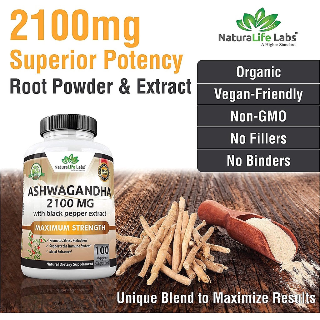 NaturaLife Labs Viên uống Ashwagandha hữu cơ 2100mg với tiêu đen giúp giảm căng thẳng, lo âu, hỗ trợ tuyến giáp 100 viên