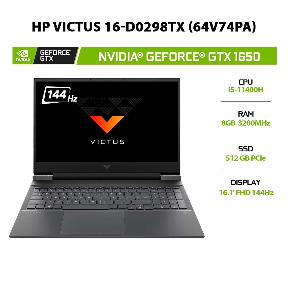 [ELHP10 giảm 10%]Laptop HP Victus 16-d0298TX (64V74PA) (i5-11400H | 8GB | 512GB |GTX 1650 4GB |144Hz