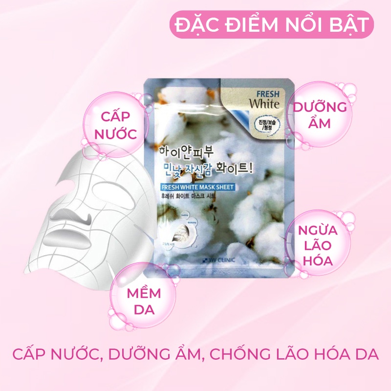 Combo 10 Túi Mặt nạ giấy dưỡng trắng da dưỡng ẩm chiết xuất từ Hoa Nhung Tuyết 3W Clinic Hàn Quốc 23mlx10