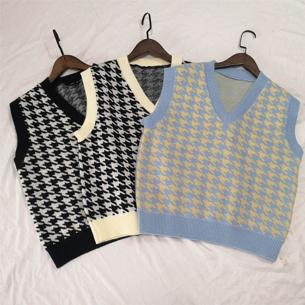 DUNEA Áo Len Không Tay Cổ Chữ V Họa Tiết Houndstooth Quyến Rũ Thời Trang Dành Cho Nữ